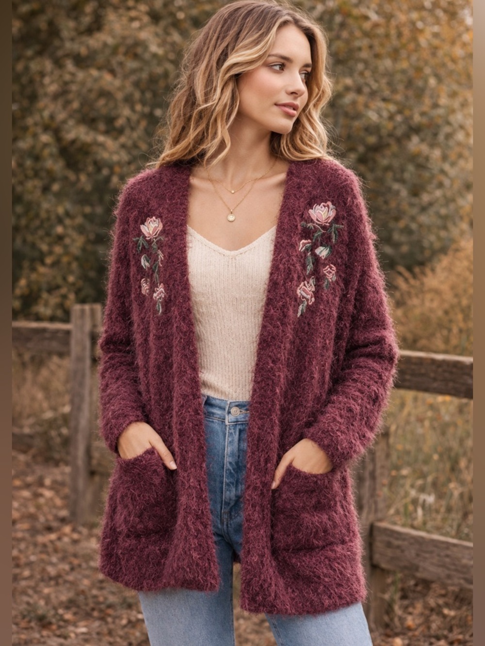Knox Rose Womens Fuzzy Burgundy Cardigan Sweater Floral Embroidered Boho Duster